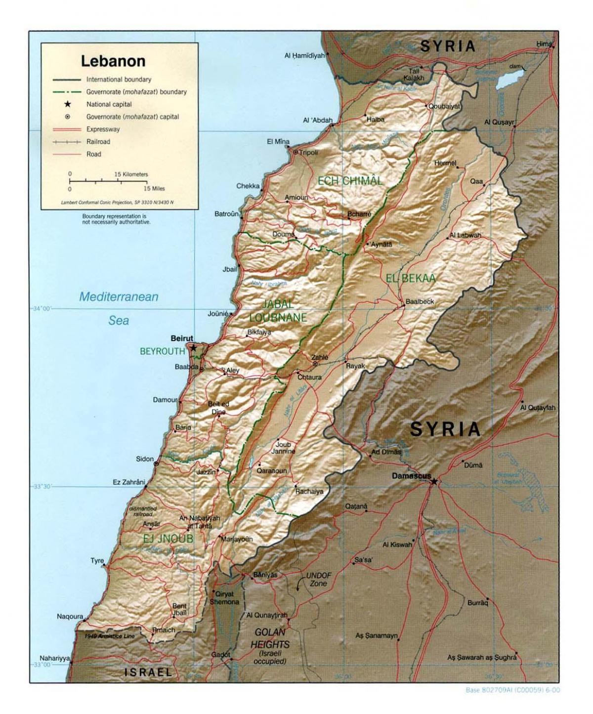žemėlapis Libanas topografinis